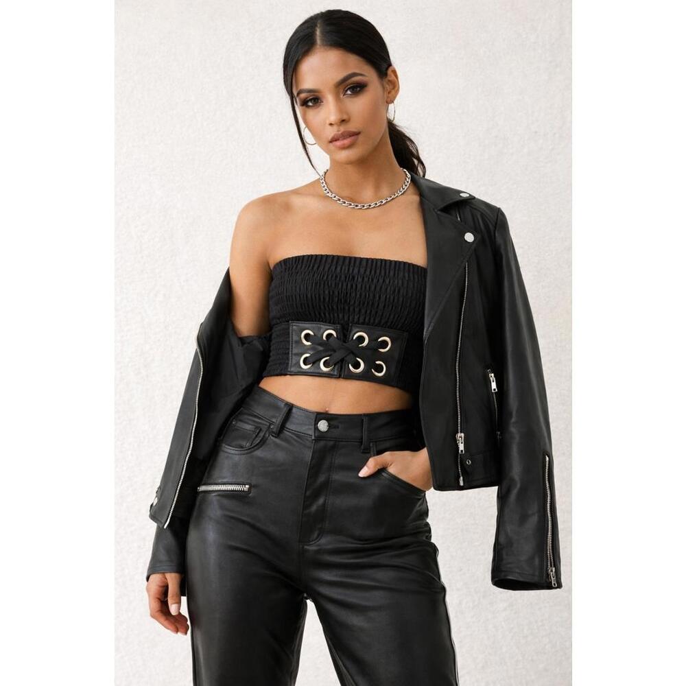 Black Smocked Corset Belt Top Convertible Waist Cincher Edgy Crop Top Style NWT